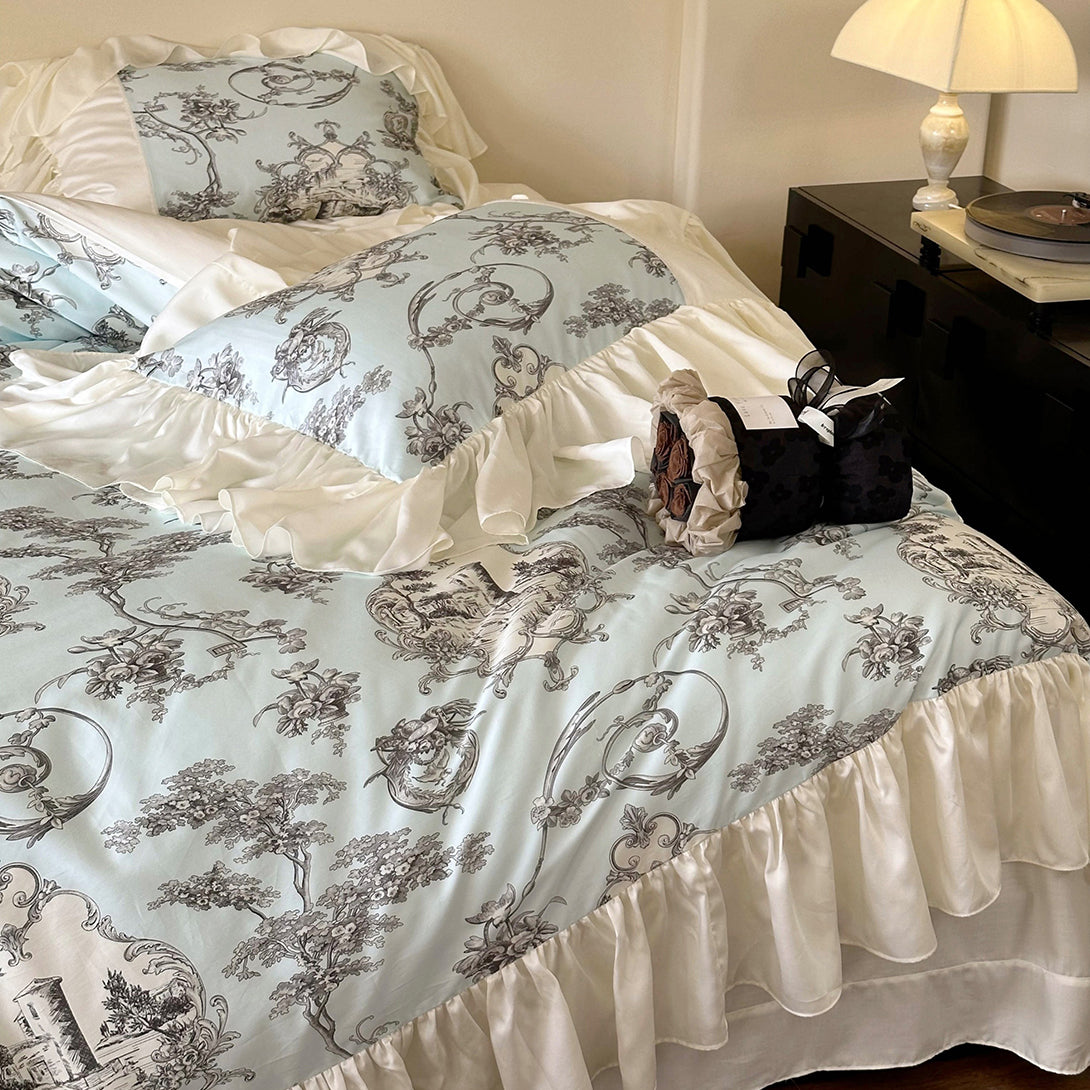 Farmhouse Country Style Silk Lotus Leaf Edge Bedding Set
