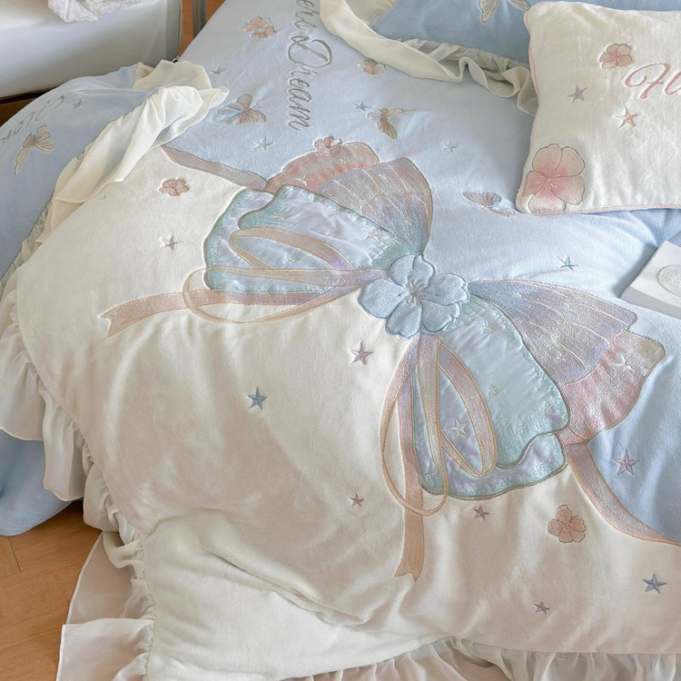 Butterfly Embroidery Milk Velvet Autumn/Winter Duvet Cover Set
