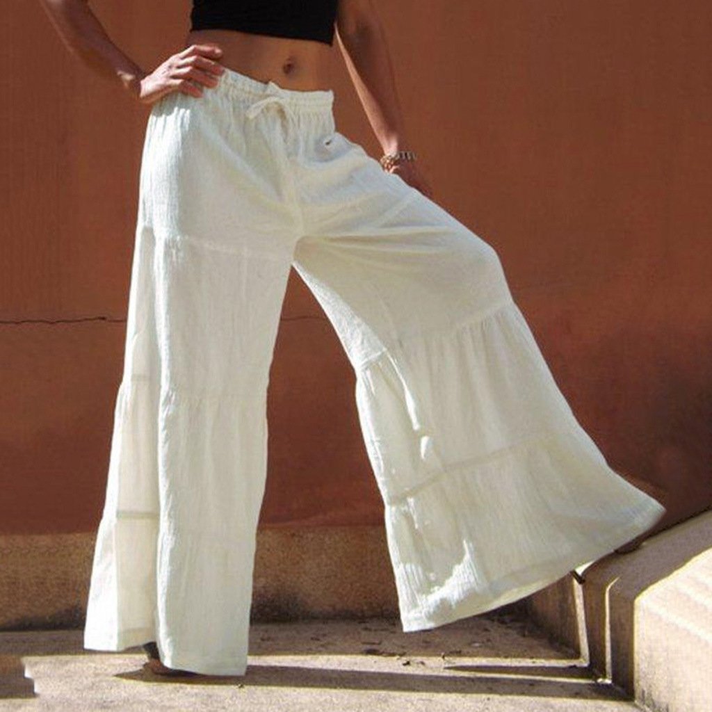 Womenlinen flowy wide leg pants elastic waist palazzo pants