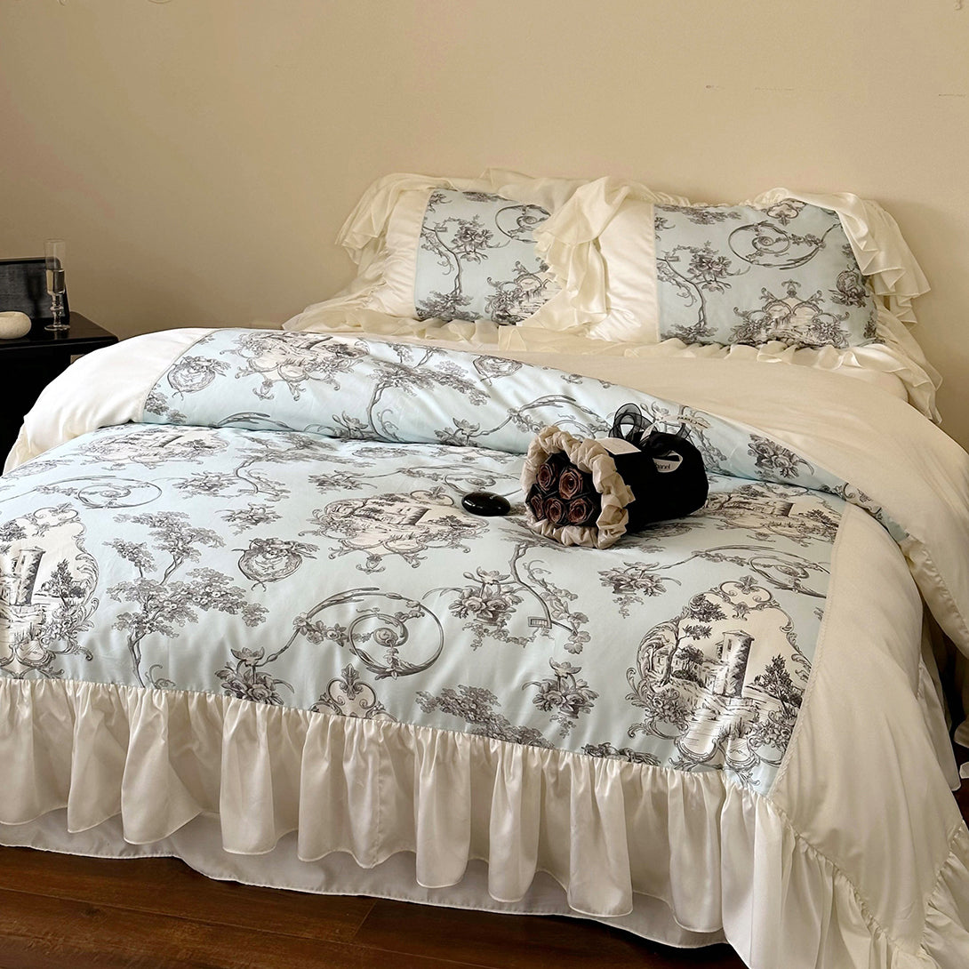 Farmhouse Country Style Silk Lotus Leaf Edge Bedding Set