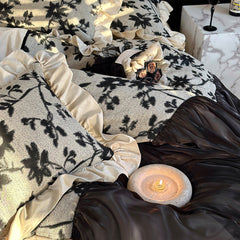 French Romantic Black Ruffled Cotton Duvet Cover