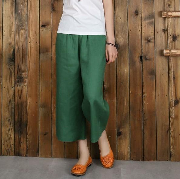 Womenlinen cropped palazzo pants wide leg summer causal pants