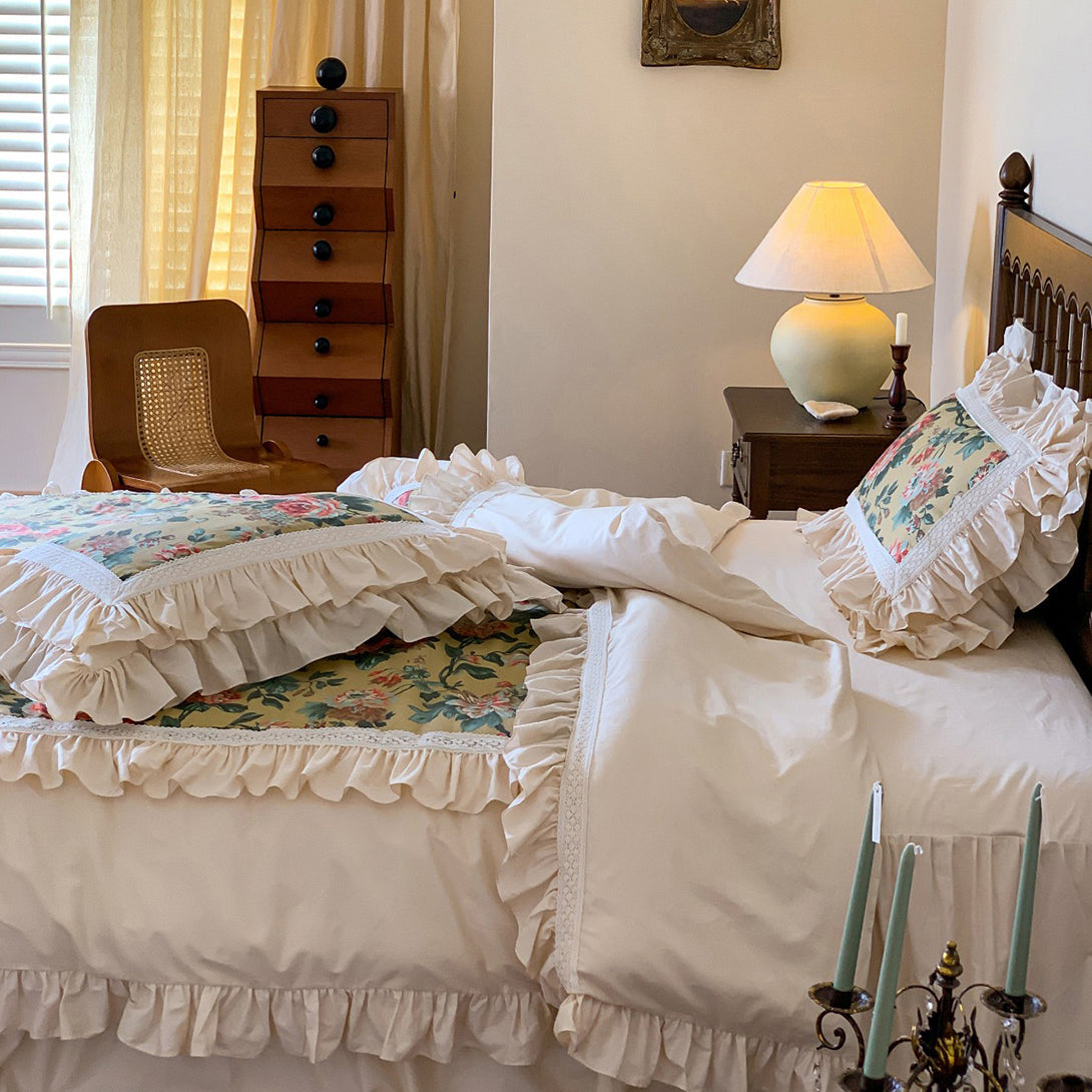 Vintage Rose Lotus Leaf Edge Bedding Set