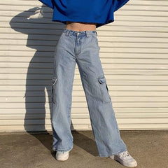 Womenmid rise fashion cargo jeans loose fit baggy jeans