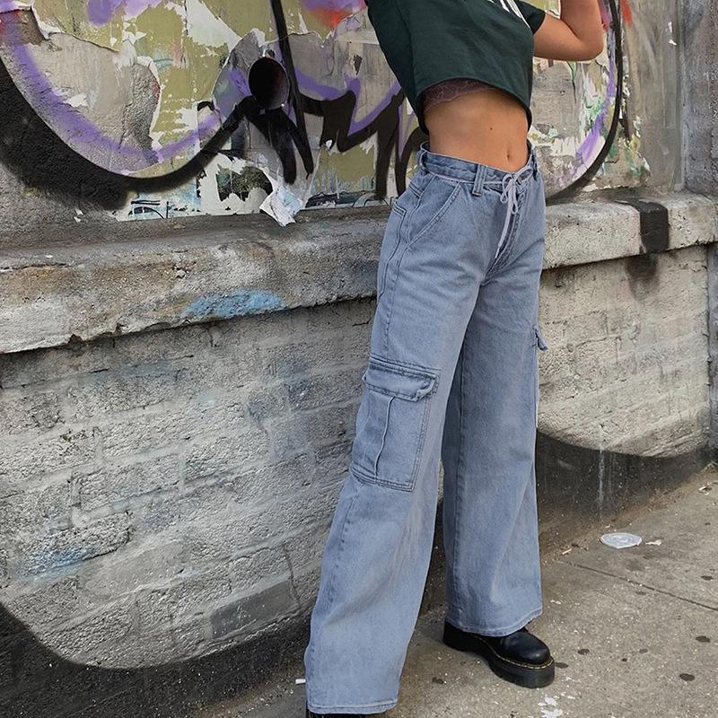 Womenmid rise fashion cargo jeans loose fit baggy jeans