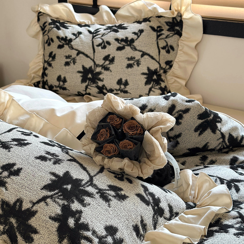 French Romantic Black Ruffled Cotton Duvet Cover