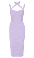 MESH RUCHED MIDI DRESS IN PURPLE