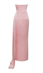 PINK SATIN CRYSTAL EMBELLISHED HIGH SLIT GOWN