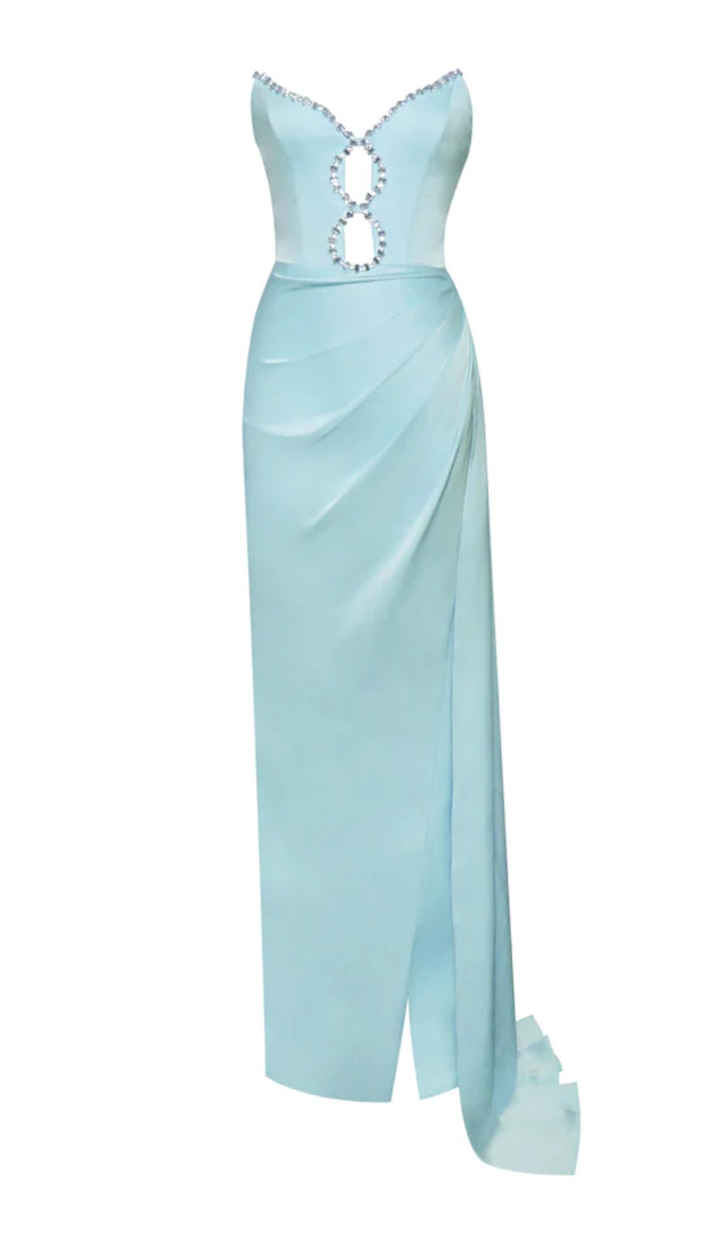 BLUE SATIN CRYSTAL EMBELLISHED HIGH SLIT GOWN