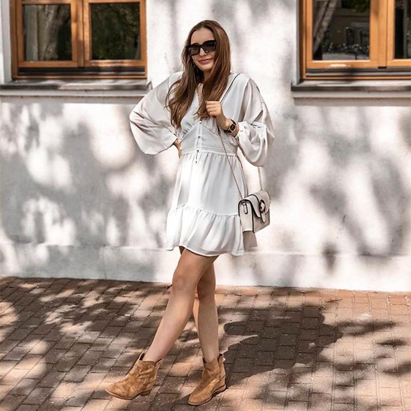 V Neck WomenSpring Summer Dress Lace Long Sleeve Mini Party Dress