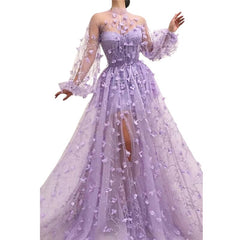 Autumn New Long Sleeve Purple Appliques Slim Prom Dress