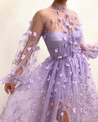 Autumn New Long Sleeve Purple Appliques Slim Prom Dress