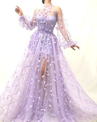 Autumn New Long Sleeve Purple Appliques Slim Prom Dress