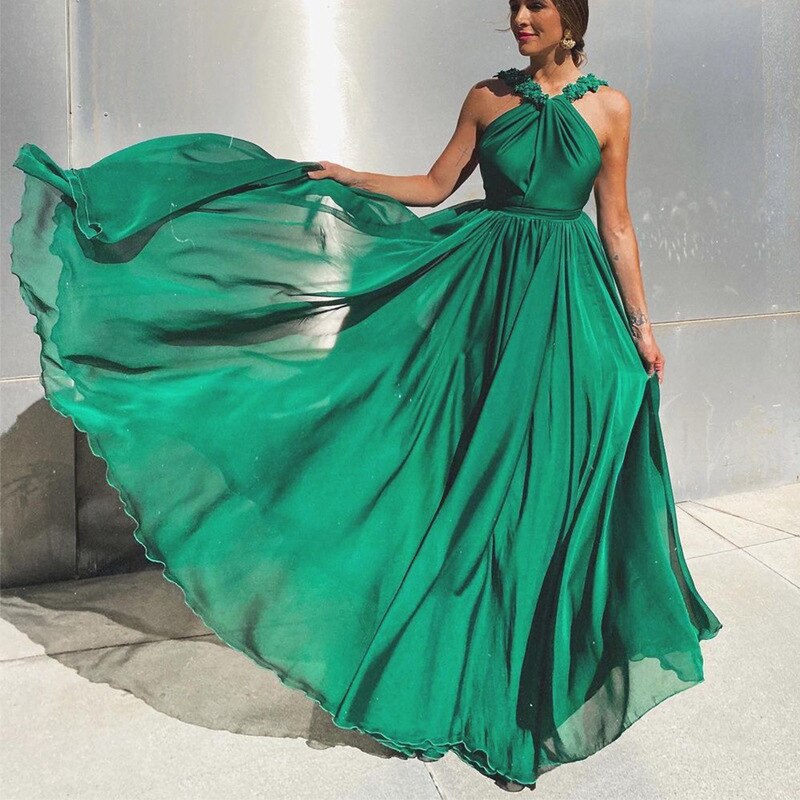 Fashion Sleeveless Green A Line Sexy Backless Prom Dresses