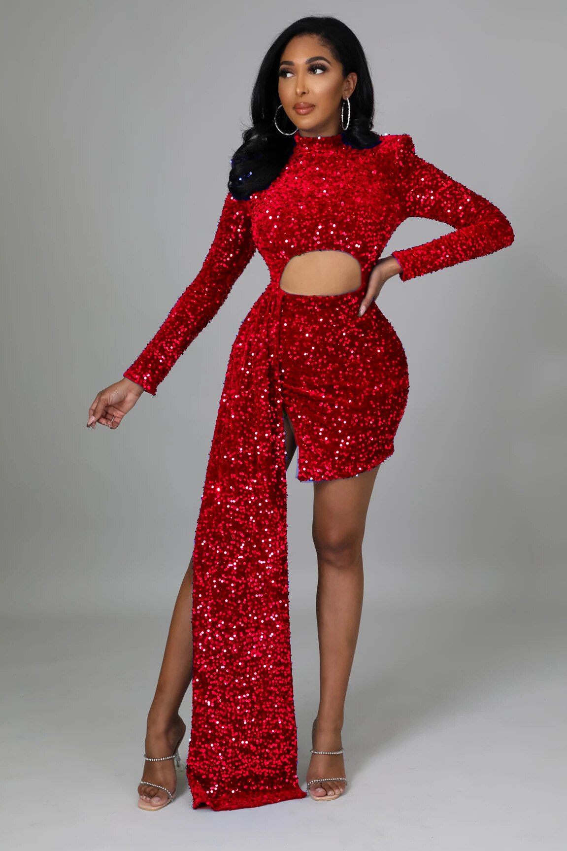 Solid Hollow Out Draped O-neck Long Sleeve Party Mini Dress
