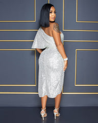 Solid Sequins One Puff Sleeve Celebrity Party Midi Dress
