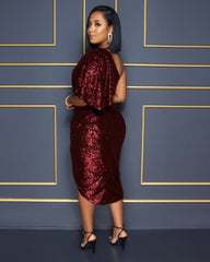 Solid Sequins One Puff Sleeve Celebrity Party Midi Dress