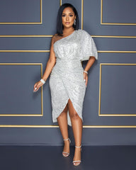 Solid Sequins One Puff Sleeve Celebrity Party Midi Dress