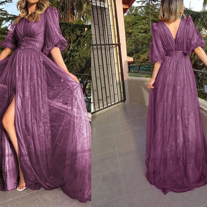 New Style Sexy Lace Purple Mesh Half Sleeved Prom Dresses