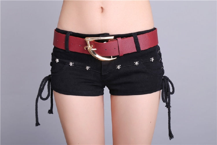 Punk Skull Low Waisted Lace-up White Thin Denim Shorts Goth Rock Sexy Shorts