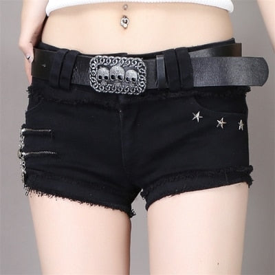 Punk Skull Low Waisted Lace-up White Thin Denim Shorts Goth Rock Sexy Shorts