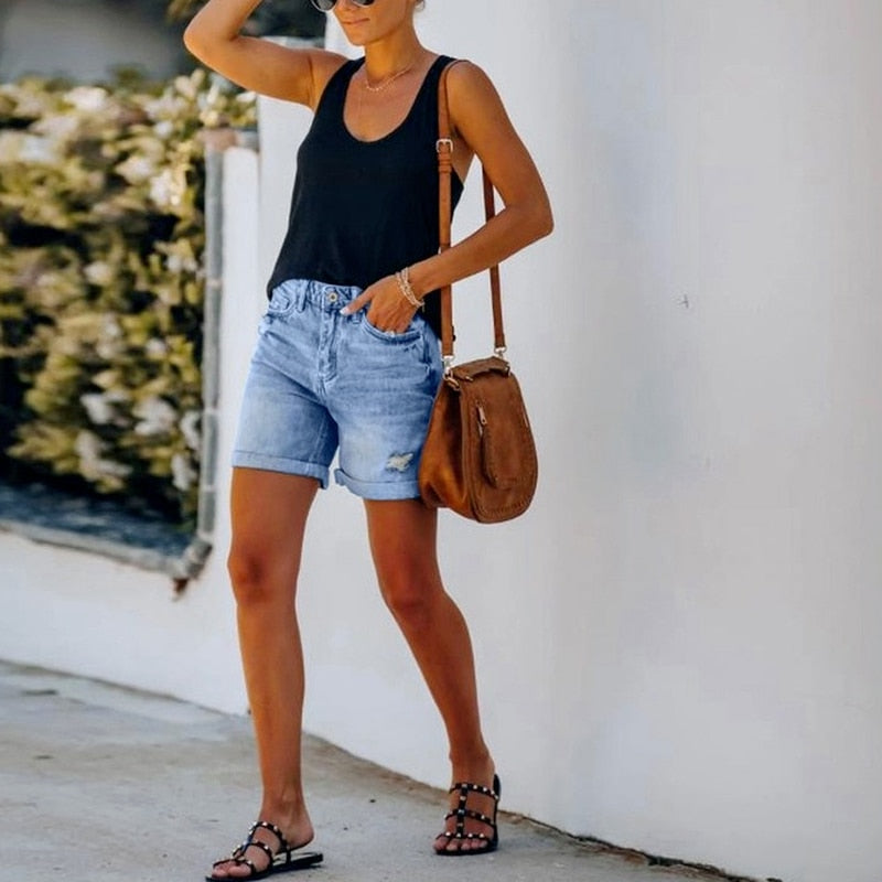 Casual Loose Elastic High Waist Wide Leg Straight Short Jeans Streetwear