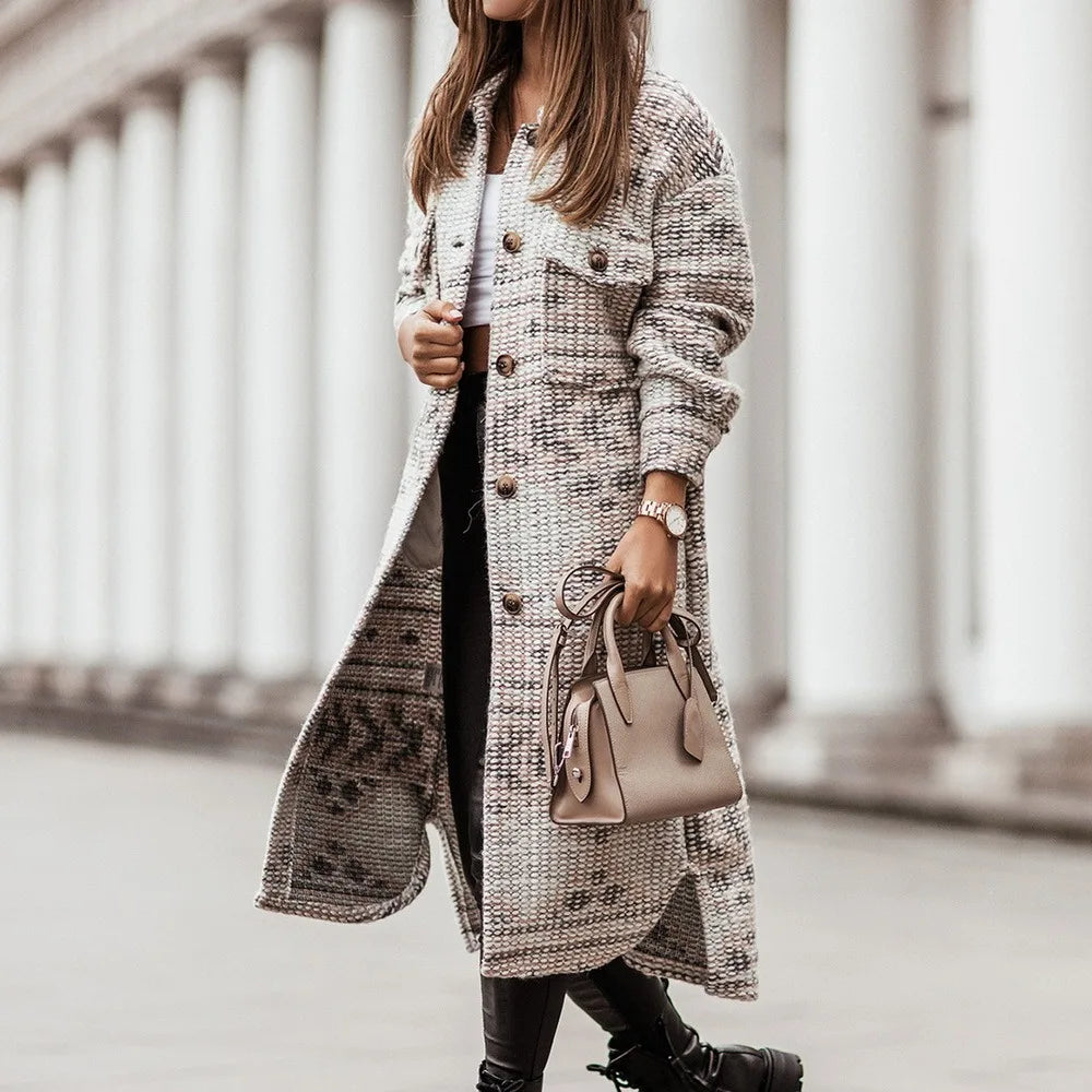 Winter Jacket Turn Down Thin Plaid Long Oversize Thin Retro Female Streetwear Coat