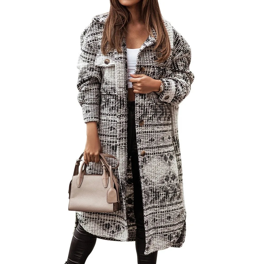 Winter Jacket Turn Down Thin Plaid Long Oversize Thin Retro Female Streetwear Coat