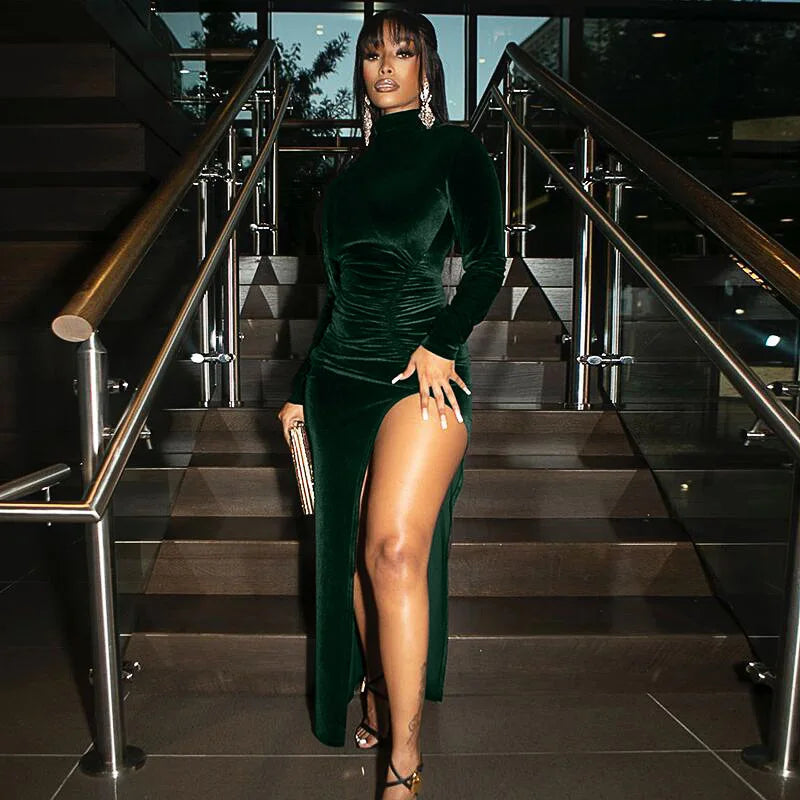 Autumn Winter Velvet Long Sleeve Ruched Side Slit Bodycon Sexy Streetwear Party Elegant Club Midi Dress