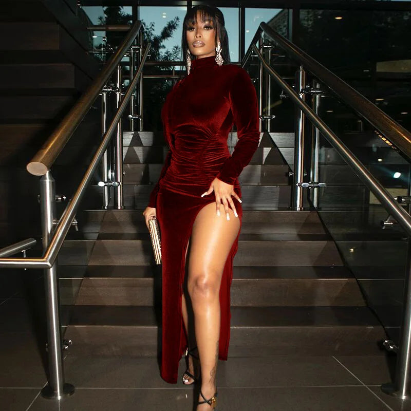 Autumn Winter Velvet Long Sleeve Ruched Side Slit Bodycon Sexy Streetwear Party Elegant Club Midi Dress
