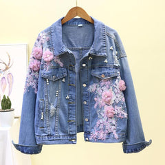 Flower Pearl Ripped Denim Jacket