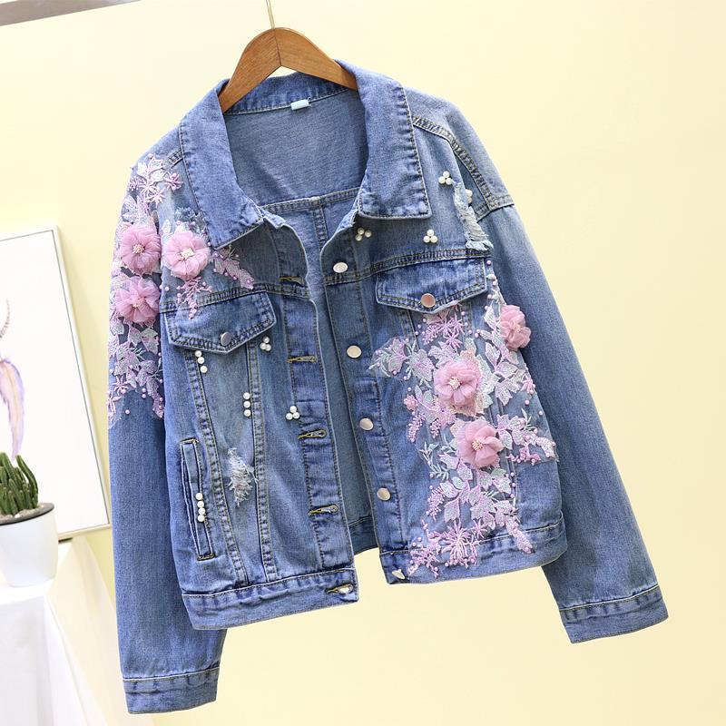 Flower Pearl Ripped Denim Jacket