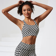 Shockproof Stretchy Plaid Printing Nude Feeling Nylon Ladies Sports Bra