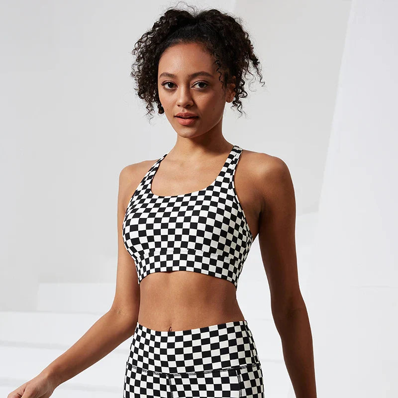 Shockproof Stretchy Plaid Printing Nude Feeling Nylon Ladies Sports Bra