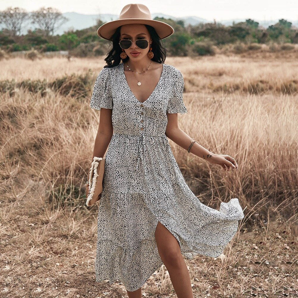 Dot Print Ruffles V Neck Draw String Button Dress