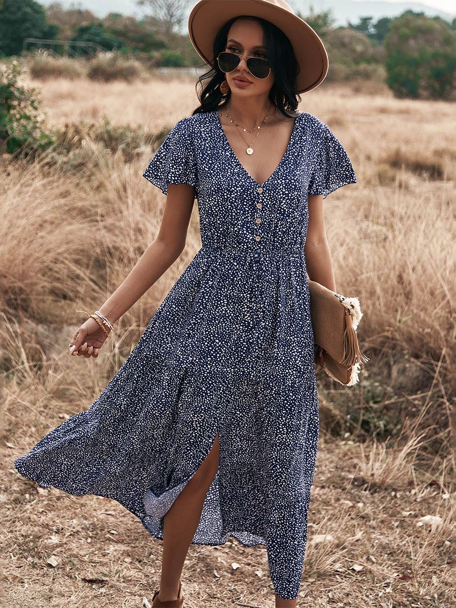 Dot Print Ruffles V Neck Draw String Button Dress