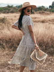 Dot Print Ruffles V Neck Draw String Button Dress