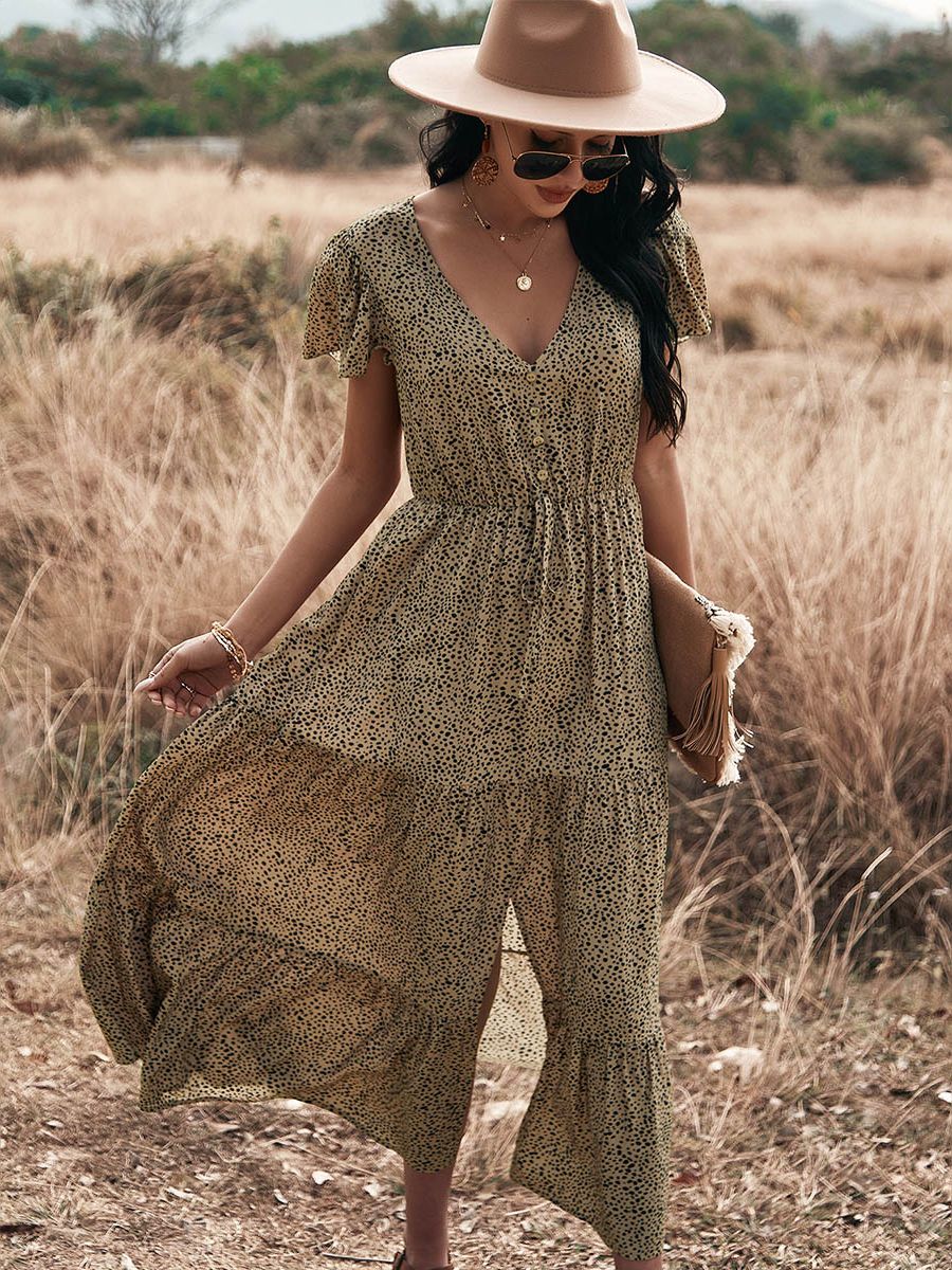 Dot Print Ruffles V Neck Draw String Button Dress