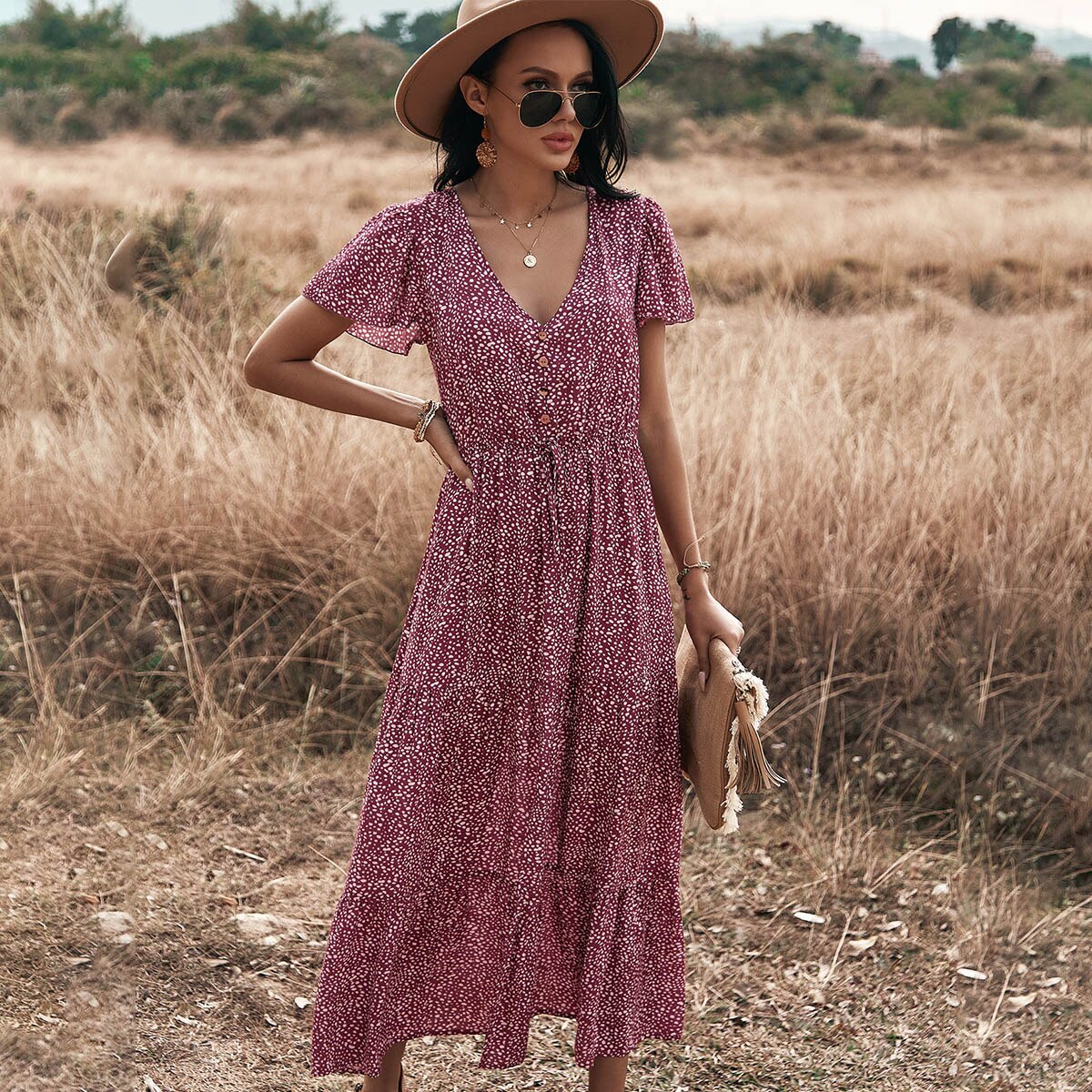 Dot Print Ruffles V Neck Draw String Button Dress