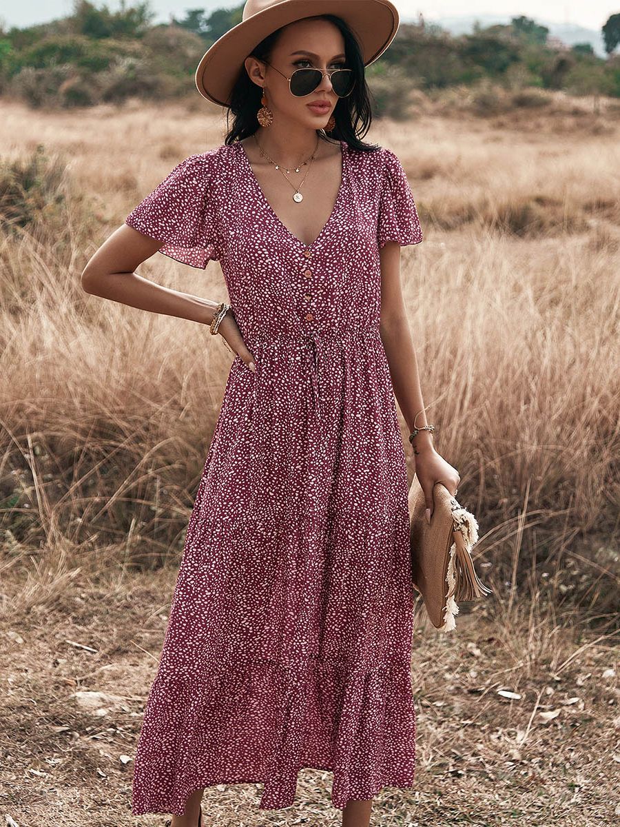 Dot Print Ruffles V Neck Draw String Button Dress