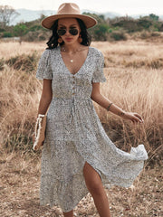 Dot Print Ruffles V Neck Draw String Button Dress