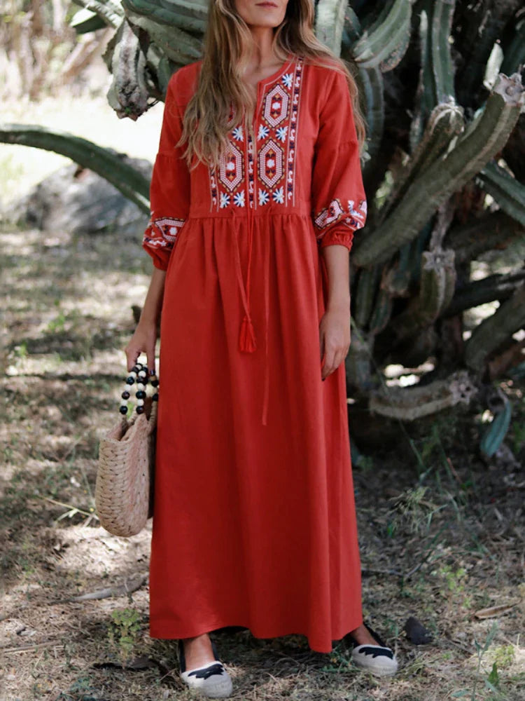 Cotton Linen Embroidery A Neck Ruffle Sleeve Boho Dress