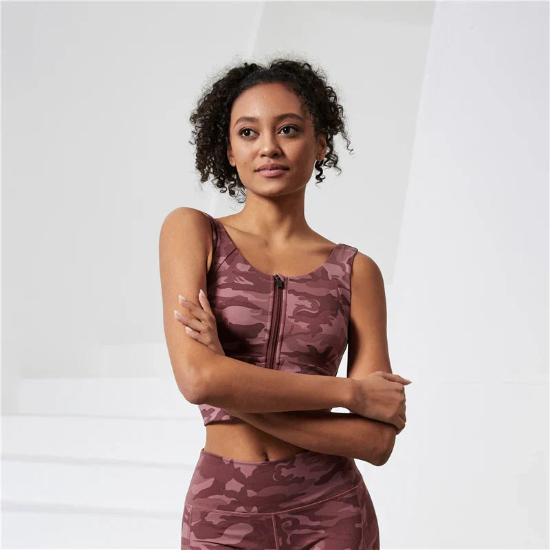 Support Ladies Camo Top Push Up Zip Front Close Padded Active Wear Sports Bra