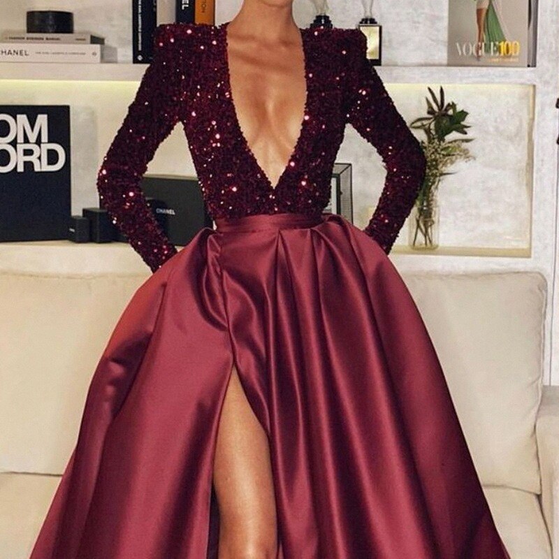 High Quality Sequined Long Sleeve Evening Dress
