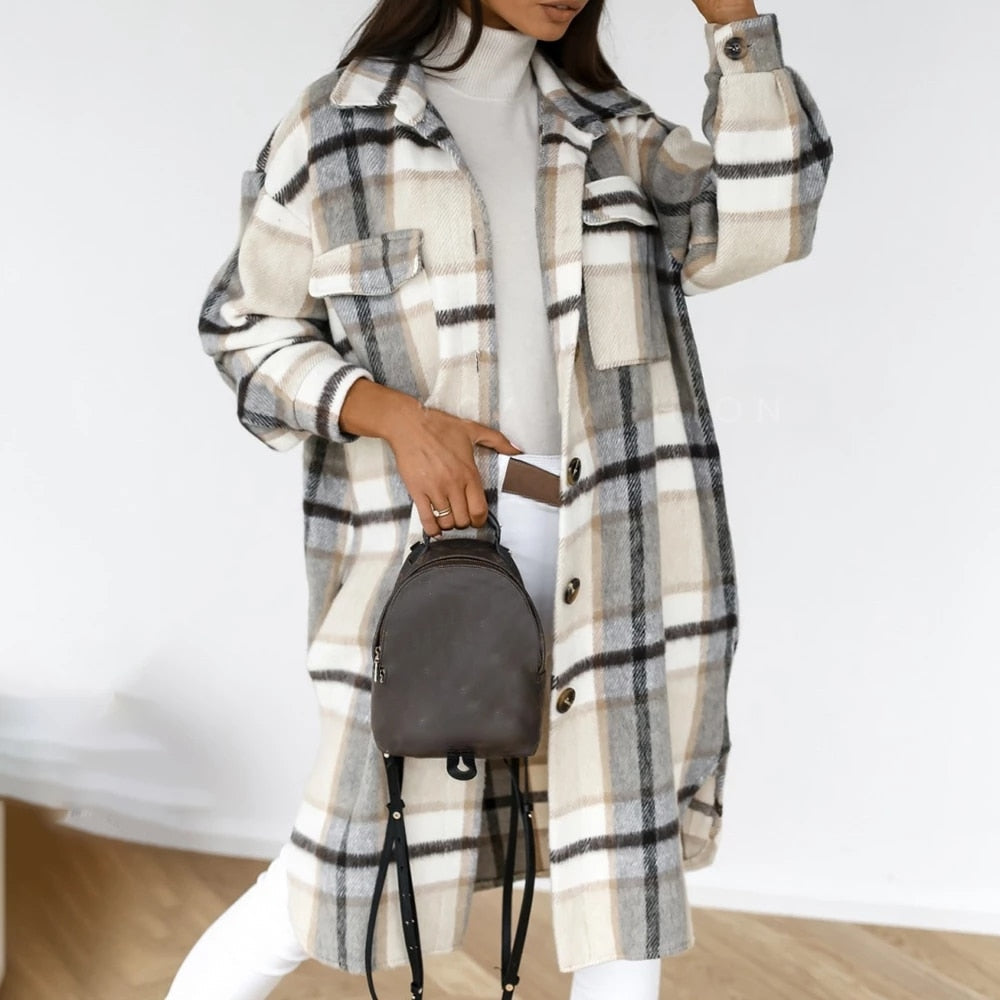 Plaid Long Blouses Coat