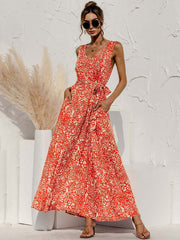 Boho V Neck Sleeveless Pocket Floral Maxi Dress