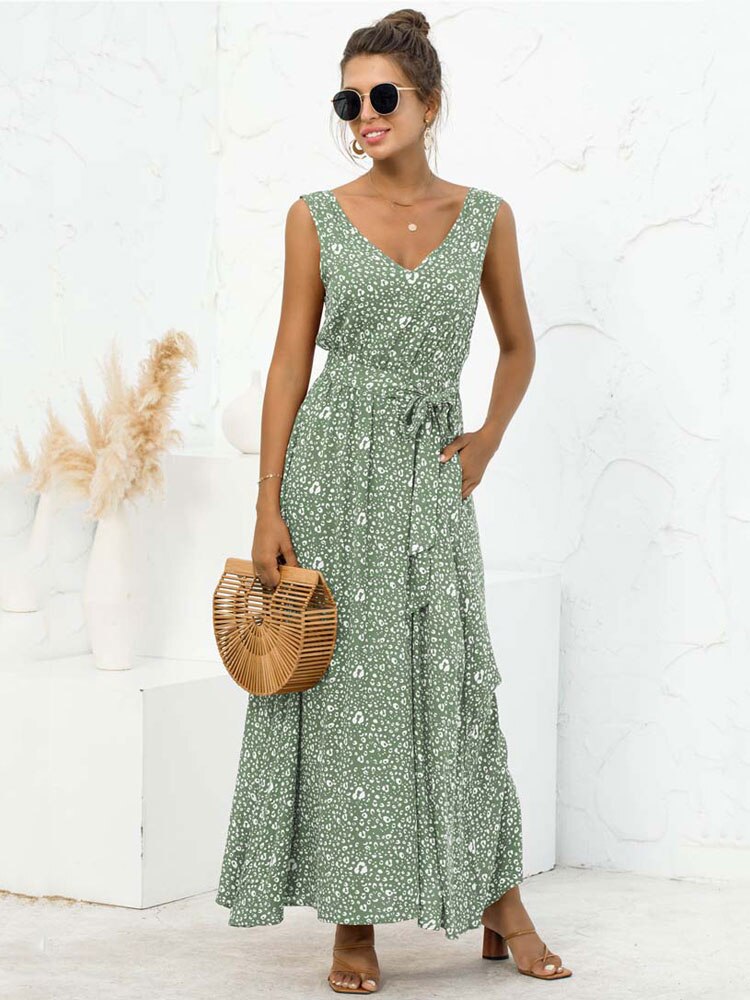 Boho V Neck Sleeveless Pocket Floral Maxi Dress