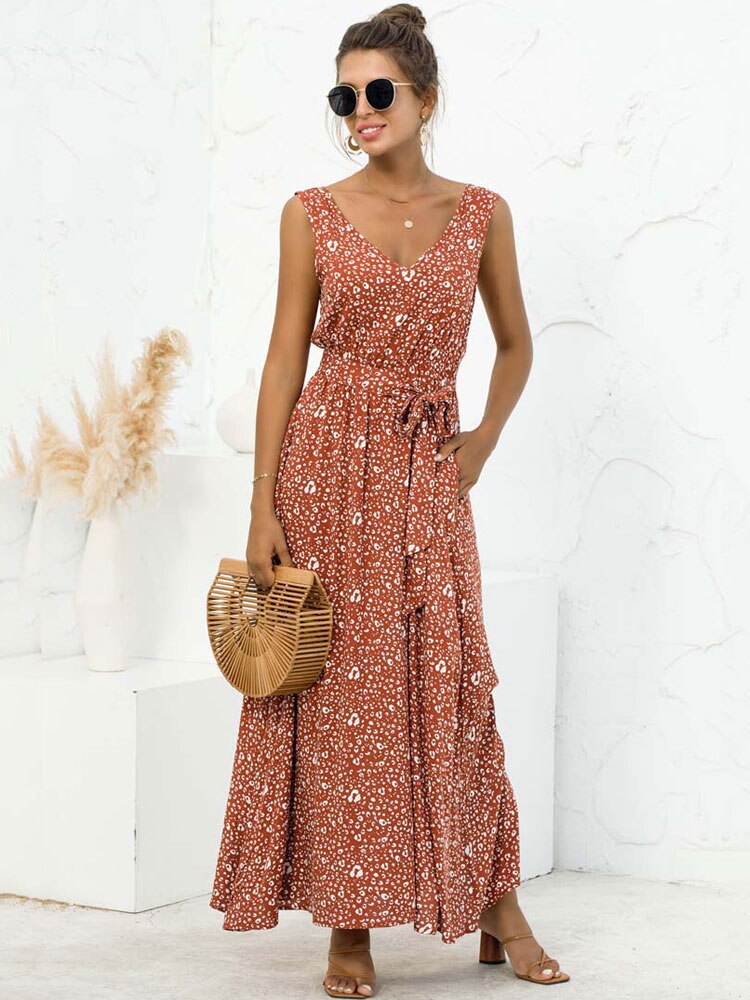 Boho V Neck Sleeveless Pocket Floral Maxi Dress