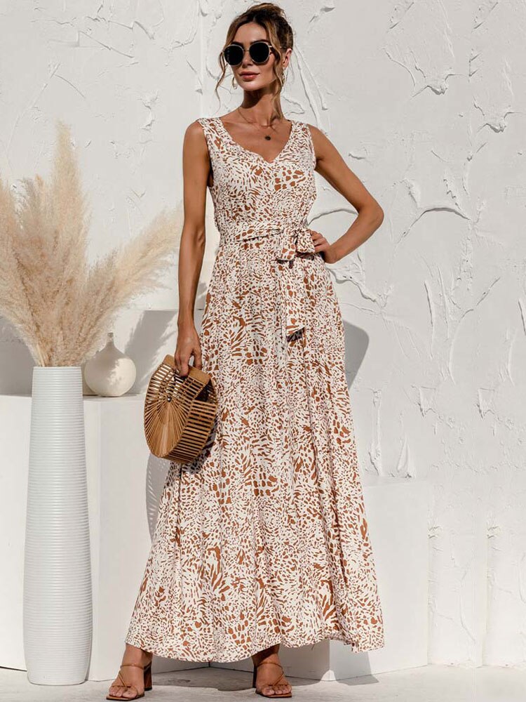 Boho V Neck Sleeveless Pocket Floral Maxi Dress