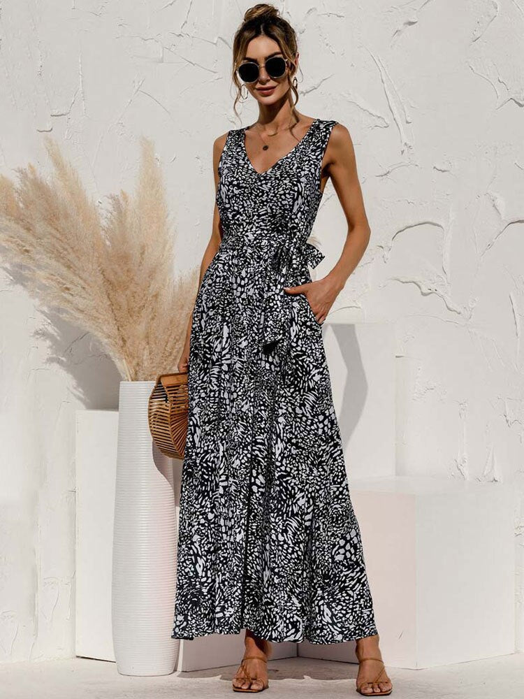 Boho V Neck Sleeveless Pocket Floral Maxi Dress